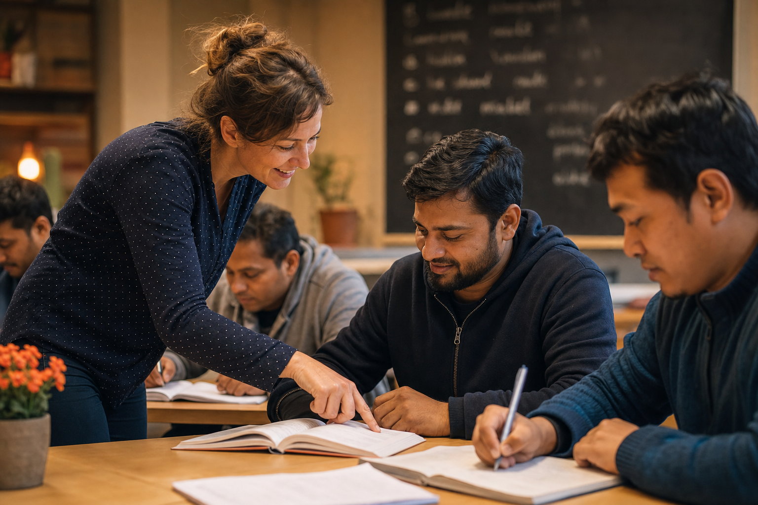 Docent helpt arbeidsmigranten tijdens een Nederlandse taalles